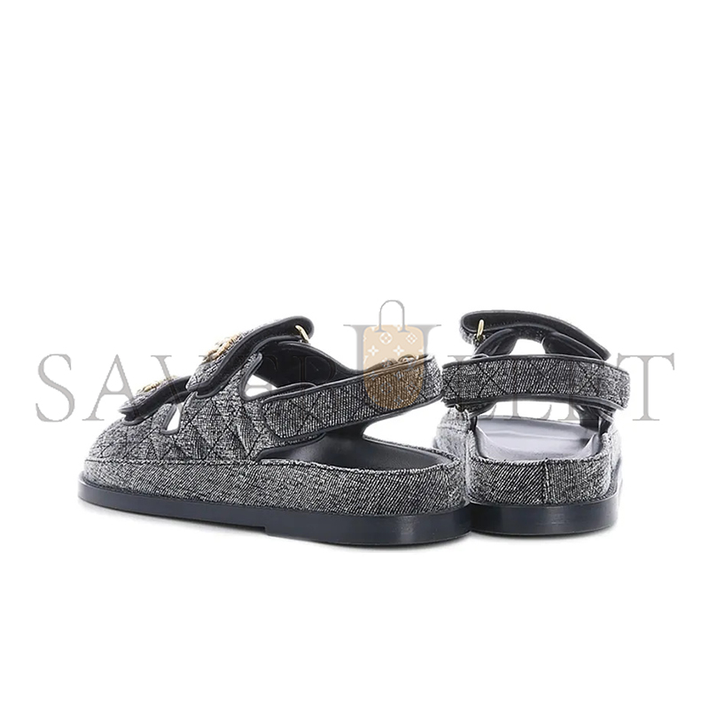 CHANEL VELVET DAILY CASUAL SANDALS FOR WOMEN BLACK & GRAY G35927 X56243 0L121